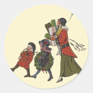 Vintage-Weihnachtseinkaufs-Familienspaß Runder Aufkleber