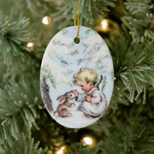 Vintage-Weihnachtsengel-Baby und Hase Urlaub Keramik Ornament