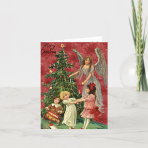Vintage-Weihnachtsengel-Dame-und-Kinder-Karte Dankeskarte