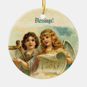 Vintage Weihnachtsengel, die Harfe spielen Keramikornament