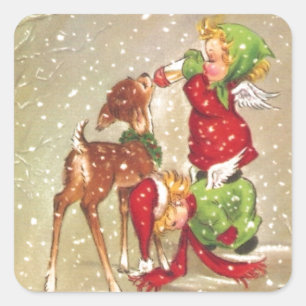 Vintage-Weihnachtsengel füttern Babyhirsche Quadratischer Aufkleber