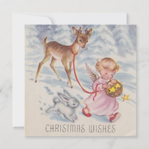Vintage-Weihnachtsengel Hirsch und Hase Feiertagskarte
