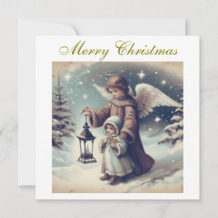Vintage-Weihnachtsengel, Kind und Vögel Feiertagskarte