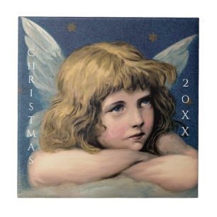Vintage-Weihnachtsengel-Kind Weiße Flügel Indigo Fliese
