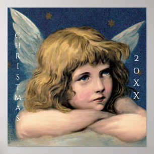 Vintage-Weihnachtsengel-Kind Weiße Flügel Indigo Poster