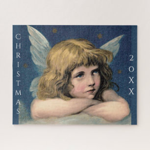 Vintage-Weihnachtsengel-Kind Weiße Flügel Indigo Puzzle
