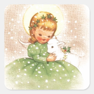 Vintage-Weihnachtsengel-Mädchen mit Baby-Lamm Quadratischer Aufkleber