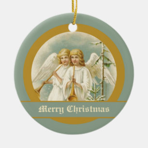 Vintage-Weihnachtsengel mit Posaunen-Ornamenten Keramik Ornament