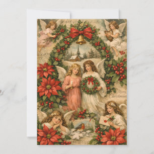 Vintage-Weihnachtsengel, Poinsettie, Beeren Feiertagskarte