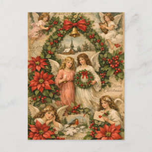 Vintage-Weihnachtsengel, Poinsettie, Beeren Postkarte