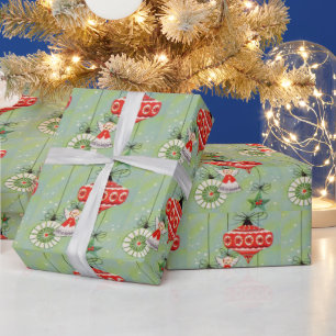 Vintage-Weihnachtsengel Retro-Ornamente auf Grün Geschenkpapier
