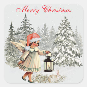 Vintage-Weihnachtsengel und -Hase Quadratischer Aufkleber