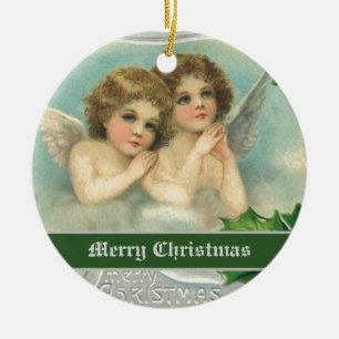 Vintage-Weihnachtsengel und Heilige Beeren-Ornamen Keramik Ornament