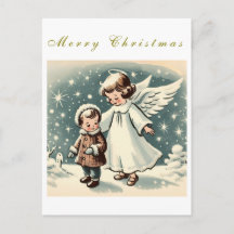 Vintage-Weihnachtsengel-und-Kind-Flachkarte