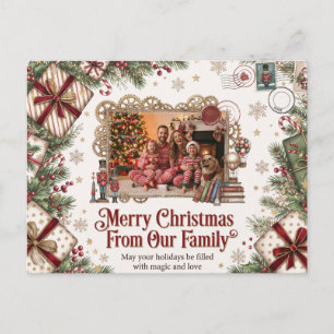 Vintage-Weihnachtsfamilienfoto-Illustrationsdesign Feiertagspostkarte