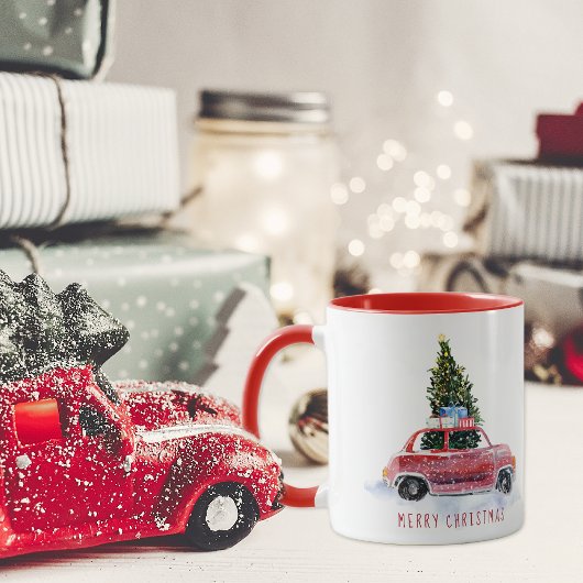 Vintage Weihnachtsfeiertage mit dem Roten Auto Tasse
