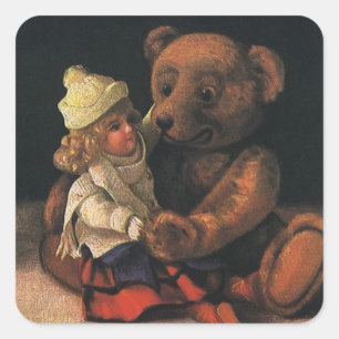 Vintage-Weihnachtsfiguren, Puppe und ein Teddybär Quadratischer Aufkleber