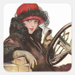 Vintage Weihnachtsfrau fährt Weihnachten Quadratischer Aufkleber