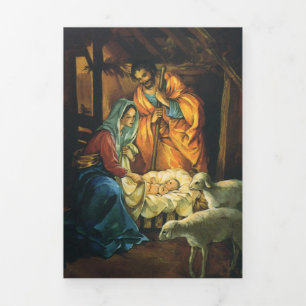 Vintage-Weihnachtsgeburtsszene, Jesuskind in der K Dreifach Gefaltete Urlaubskarte
