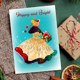 Vintage-Weihnachtsgeschenkbox Goldglitter Mädchen Einladung