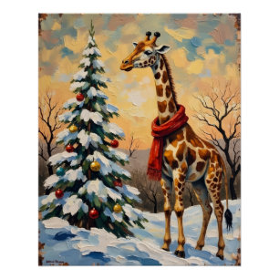 Vintage-Weihnachtsgiraffe in schneebedeckter Savan Poster