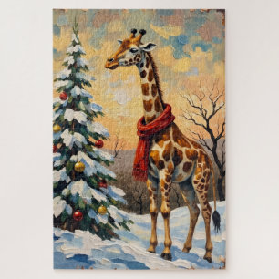 Vintage-Weihnachtsgiraffe in schneereicher Savanne Puzzle