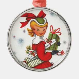 Vintage Weihnachtsgirl aus den 1950er Jahren Silbernes Ornament