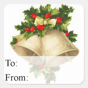 Vintage-Weihnachtsglocken und Stechpalmen-Geschenk Quadratischer Aufkleber