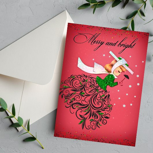 Vintage Weihnachtsgrün Glitzer Schal Mädchen Feiertagskarte