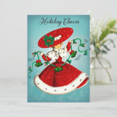 Vintage Weihnachtsgrün Glocken Rote Glitzer Mädche Einladung (Stehend Vorderseite)