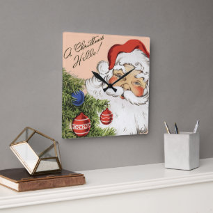 Vintage-Weihnachtsgruß! Fröhlicher Weihnachtsmann Quadratische Wanduhr