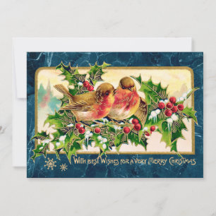 Vintage-Weihnachtsgruß Vögel Stechpalme Faux Gold Mitteilungskarte