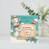 Vintage Weihnachtsgrüße Dog Feiertagskarte (Stehend Vorderseite)