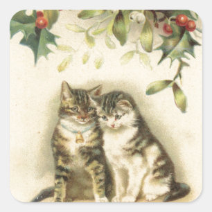 Vintage-Weihnachtsgrüße-Kitty-Katzen Quadratischer Aufkleber