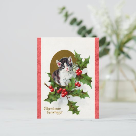Vintage Weihnachtsgrüße Niedlich Kitten Cat Postkarte (Stehend Vorderseite)