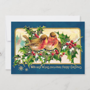 Vintage-Weihnachtsgrüße-Vögel-Stechpalme-Faux-Gold Mitteilungskarte