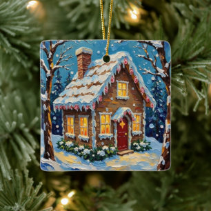 Vintage-Weihnachtshaus im verzauberten Winter Keramikornament