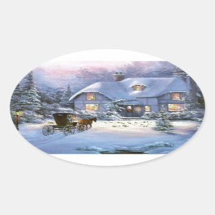 Vintage-Weihnachtshaus Ovaler Aufkleber