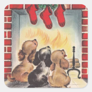 Vintage-Weihnachtshunde warten auf den Weihnachtsm Quadratischer Aufkleber