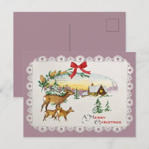 Vintage Weihnachtshütte & Hirsche Feiertagspostkarte