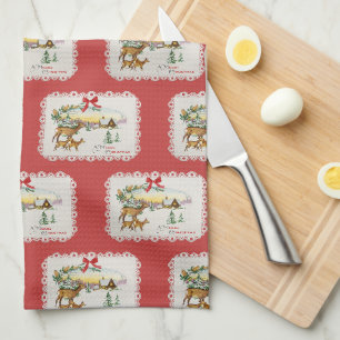 Vintage-Weihnachtshütte & Hirsche Geschirrtuch