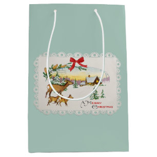 Vintage-Weihnachtshütte & Hirsche Mittlere Geschenktüte
