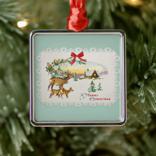 Vintage-Weihnachtshütte & Hirsche Ornament Aus Metall