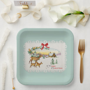 Vintage Weihnachtshütte & Hirsche Pappteller