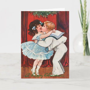 Vintage Weihnachtsjunge Kiss Girl Liebe Feiertagskarte