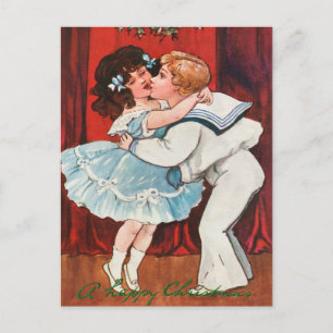 Vintage Weihnachtsjunge Kiss Girl Liebe Feiertagspostkarte