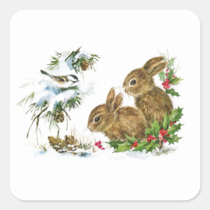Vintage Weihnachtskaninchen im Schnee Quadratischer Aufkleber