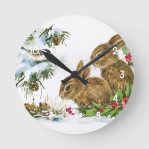 Vintage-Weihnachtskaninchen Runde Wanduhr
