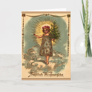 Vintage Weihnachtskarte "Engel mit Weihnachtsbaum" Feiertagskarte