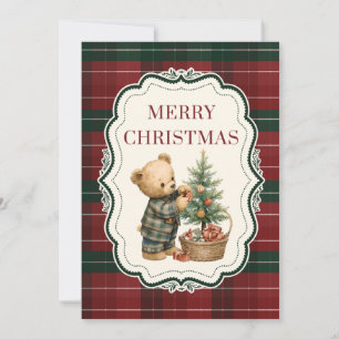Vintage-Weihnachtskarte im Karomuster mit Teddybär Feiertagskarte